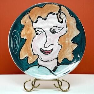 Signed S Lyons Studio Pottery Plate Hand Painted Face Art Vintage